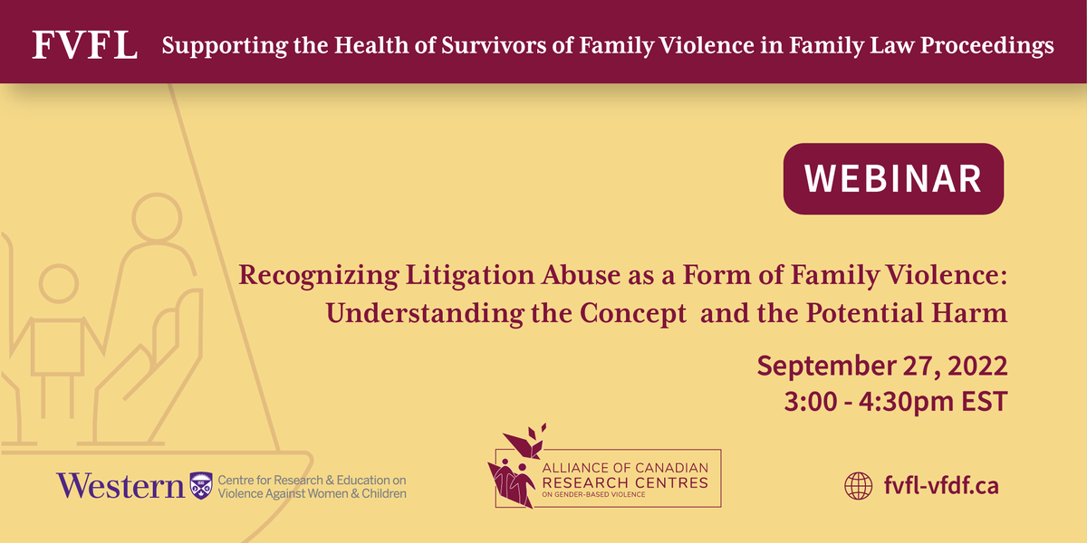 fvfl_vfdf's tweet photo. "Litigation abuse often extends the coercive and controlling behaviour used during the relationship into the family court process."

Join us on Sept. 27th from 3:00-4:30pm EST to learn more.
https://t.co/k3NIGpoyWd https://t.co/1B2siEab49