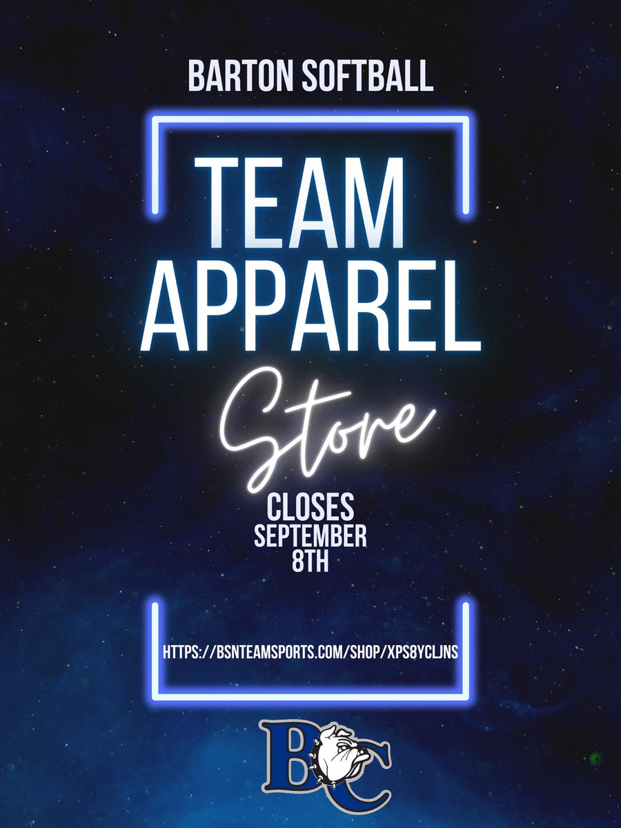 Barton Softball Apparel Store is now open to get some Bulldog gear! Store closes September 8th! #HappyShopping 🐾

⛓ bsnteamsports.com/shop/xpS8ycLjNS