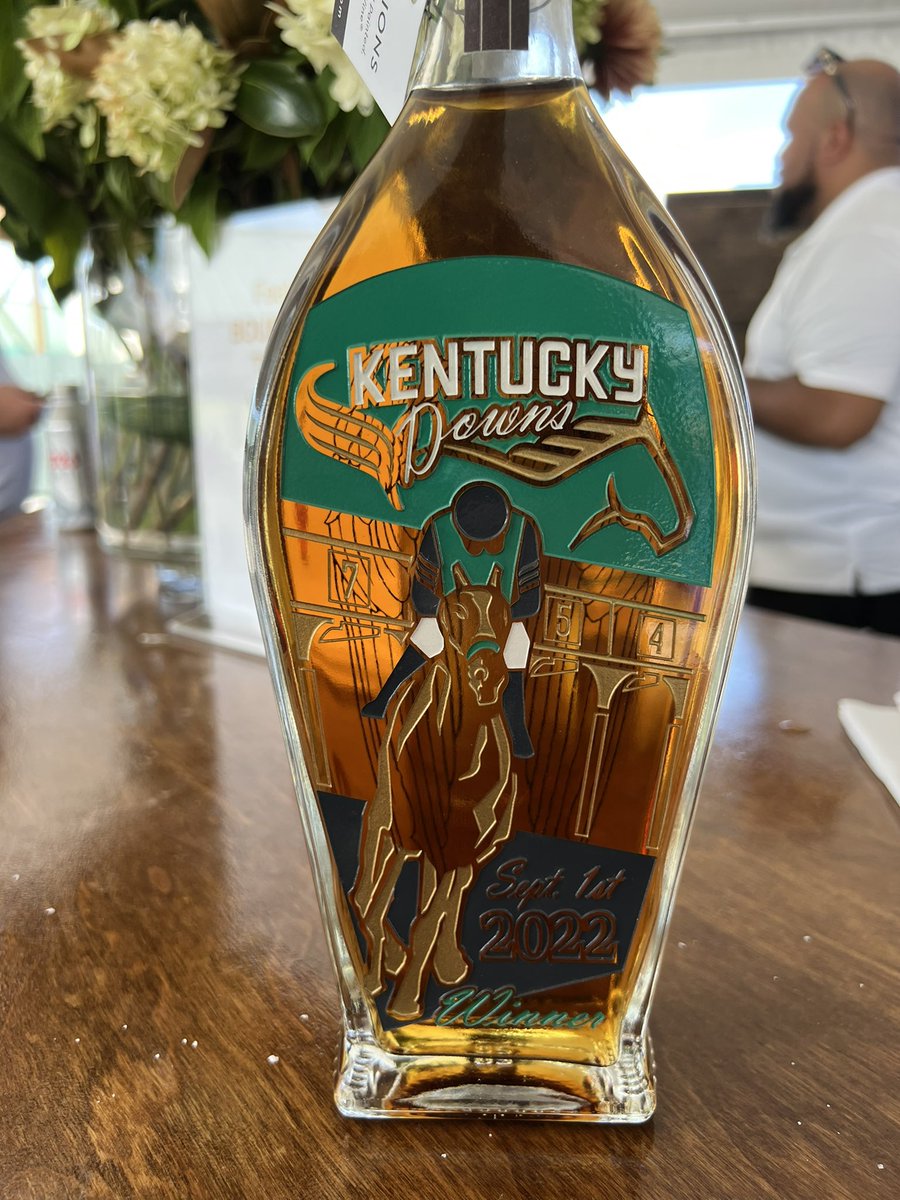 BORacingStable's tweet photo. Well done @KYDownsRacing for coming up with a unique trophy for the winning horse. Our bourbon members are quite happy to get a replica of this awesome bottle by @Racing_XP https://t.co/0p1zFwaIa2