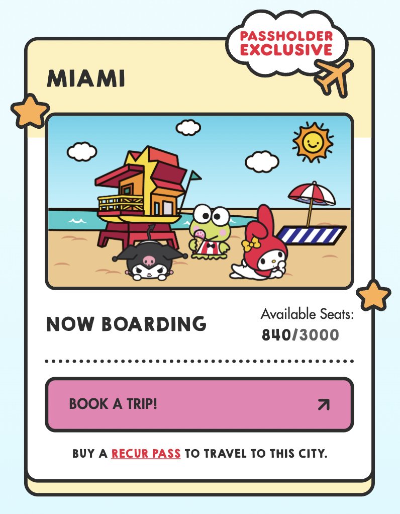 RecurForever's tweet photo. Only a little more than 800 seats are left on the #HelloKittyandFriendsNFT flight to Miami! ✈️

If you're a RECUR Pass Holder and haven't booked a trip yet, go do it now at ⬇️

https://t.co/p9P5rvWTuz

You won't want to miss this exclusive trip to the beach 🌴🎀 https://t.co/S1paDsLSMF