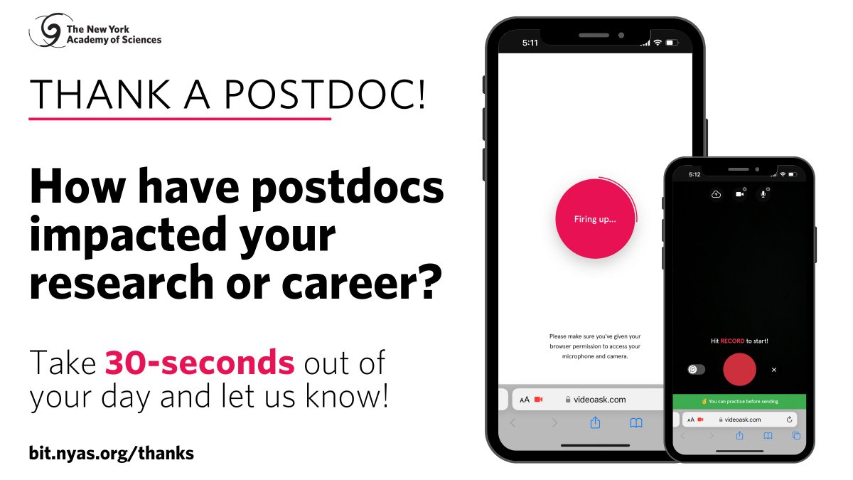 NYASciences's tweet photo. As we prepare National Postdoc Appreciation Week (#NPAW) this September, the Academy invites YOU to #thankapostdoc. Take 30-seconds to click the link below and share a message of thanks to the #postdoc community. π©βπ¬ π¬ π¨βπ¬ https://t.co/PEHD7t6o5G #postdocappreciationweek https://t.co/nY17iC4lrG