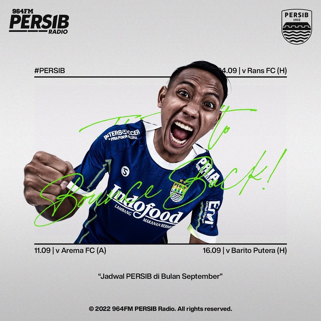 Balad Bandung, ada 3️⃣ pertandingan PERSIB nih di bulan September. 

Catat tanggal mainnya ya 👍

#964FM #PersibRadio