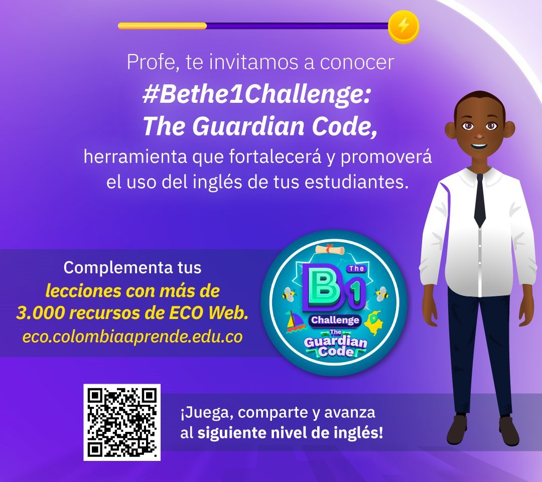 PTA_Colombia's tweet photo. ¿Profe👩‍🏫👨‍🏫, ya conoces #BeThe1Challenge, The Guardian Code? Es una herramienta que fortalecerá y promoverá el uso del inglés de tus estudiantes. Ingresa a ➡️ https://t.co/O7SCM4mWfj https://t.co/MGrcQqG5JQ