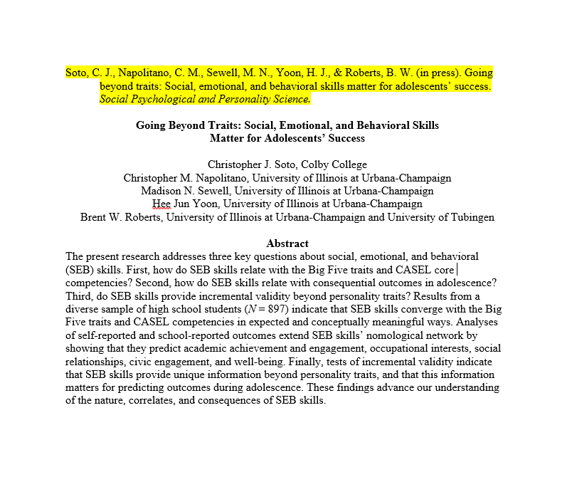 1/n. New paper accepted at Social Psychological and Personality Science!

Does the distinction between personality traits (how someone tends to behave) and SEB skills (how someone is capable of behaving, when needed) matter for predicting life outcomes?

Read on...