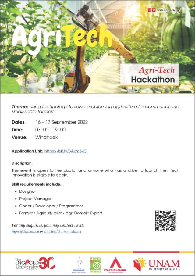 Sign up for our AgriTech hackathon on 16-17 September 2022 (full days) in Windhoek. Students and unemployed youth are especially encouraged to apply. bit.ly/3Axm6kC