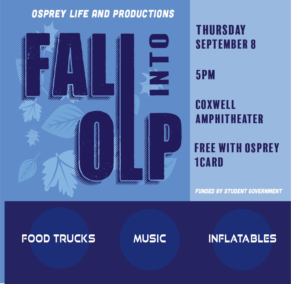 Let’s start of the Fall Season right with some food, music and inflatables 👀💙🤍! See you Thursday 🫶! #unf #ospreys #swoop