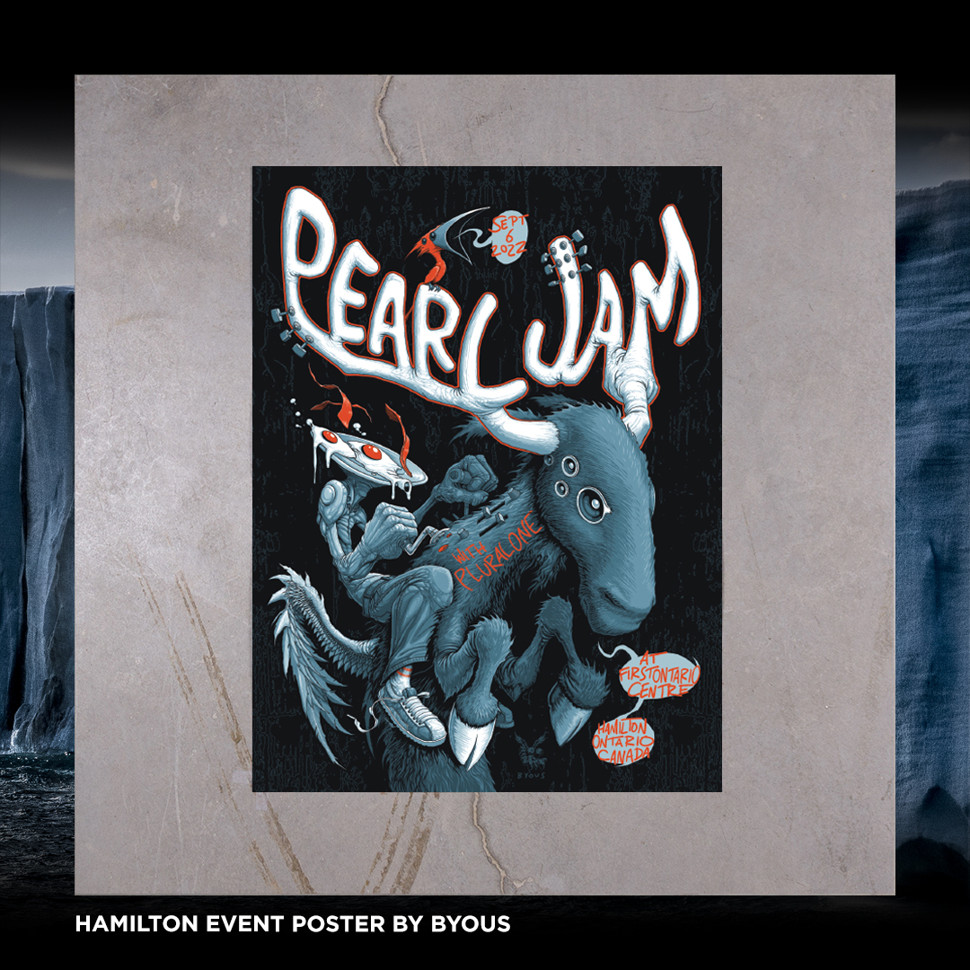 PearlJam's tweet photo. Pearl Jam's heading to Hamilton tonight. Drop a 🤘 if you're attending the show.

Artist: BYOUS

The event poster and merch are all available at the merch stand, starting at 1 pm. https://t.co/WHNv1Tgbeo