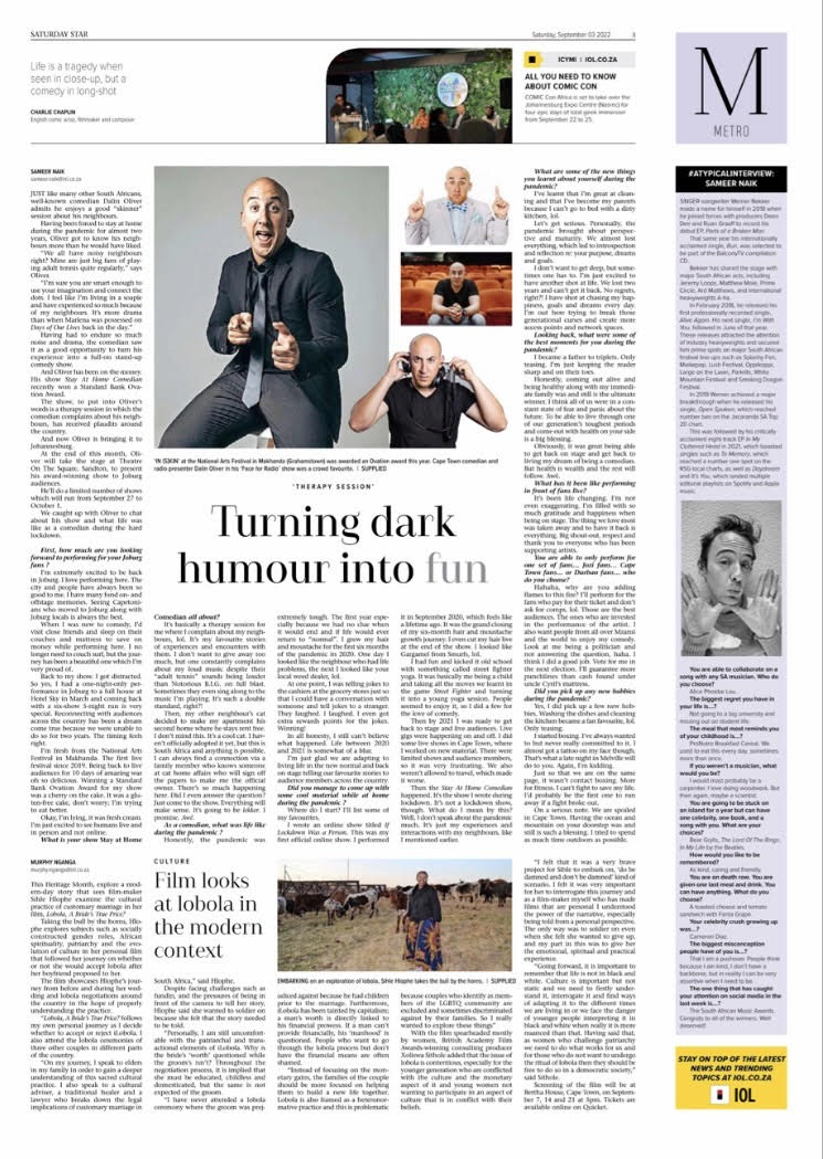 SaturdayStar's tweet photo. #Entertainment: Multi-talented comedian comedian @DalinOliver on his noisy neighbours playing ‘adult tennis quite regularly’ [also] #ATYPICALINTERVIEW: @SamNaik01 asks musician @WernerBekker_ some offbeat questions #SatStar https://t.co/XsXSCJkjyC