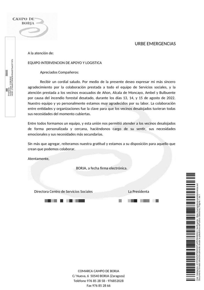 urbe_org's tweet photo. Agradecemos a la administración del #CampoDeBorja el reconocimiento por la colaboración de nuestro Equipo de Intervención de Apoyo y Logística #EIAL que se desplazo al #IFAñónDeMoncayo. https://t.co/XI1KgfR5Qf
