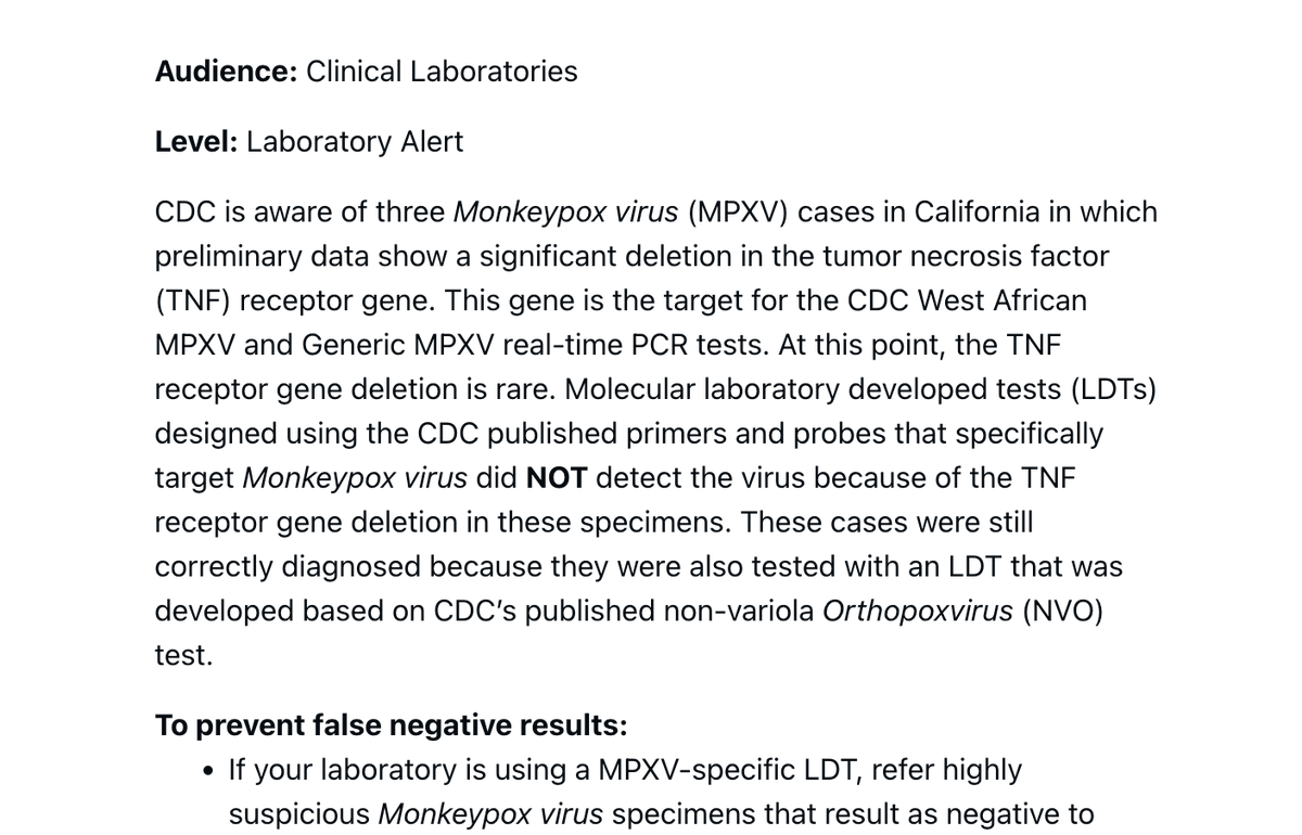Alexander_Tin's tweet photo. In alert distributed to laboratorians across the country today

@CDCgov warns of "significant deletion" detected in monkeypox virus that led to false negative results for 3 cases in California

"At this point, the TNF receptor gene deletion is rare."

https://t.co/hhgBLzo7JU https://t.co/IvanM3Nevf