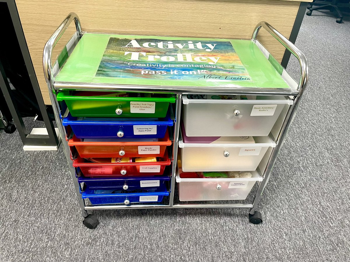 MAF_MKUH's tweet photo. Trial addition to Ward 14 ready to go out next week @MKHospital
Activity trolly on wheels,for full access to all patients&amp;relatives. 
Sensory, creative&amp;reminiscence activities to name a few!
Promotion of wellness&amp;well-being in conjunction with physical health is powerful 💚 https://t.co/0hRdWp5LEA