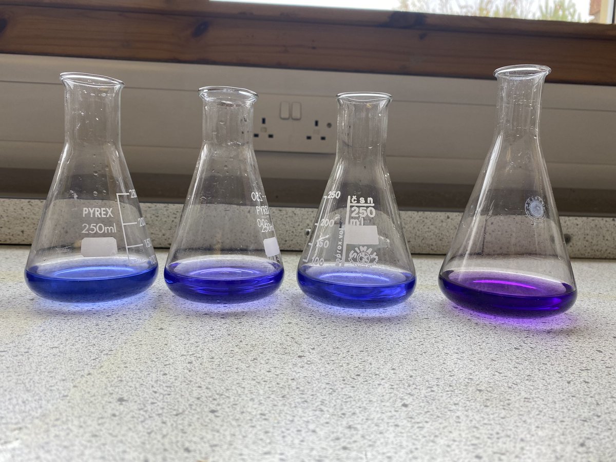 MissLKyle's tweet photo. Complexometric titrations with Advanced Higher today was excellent. They nailed the end colour of “blue-violet”. Interesting to see the variety of colours! https://t.co/cnHInSufPA
