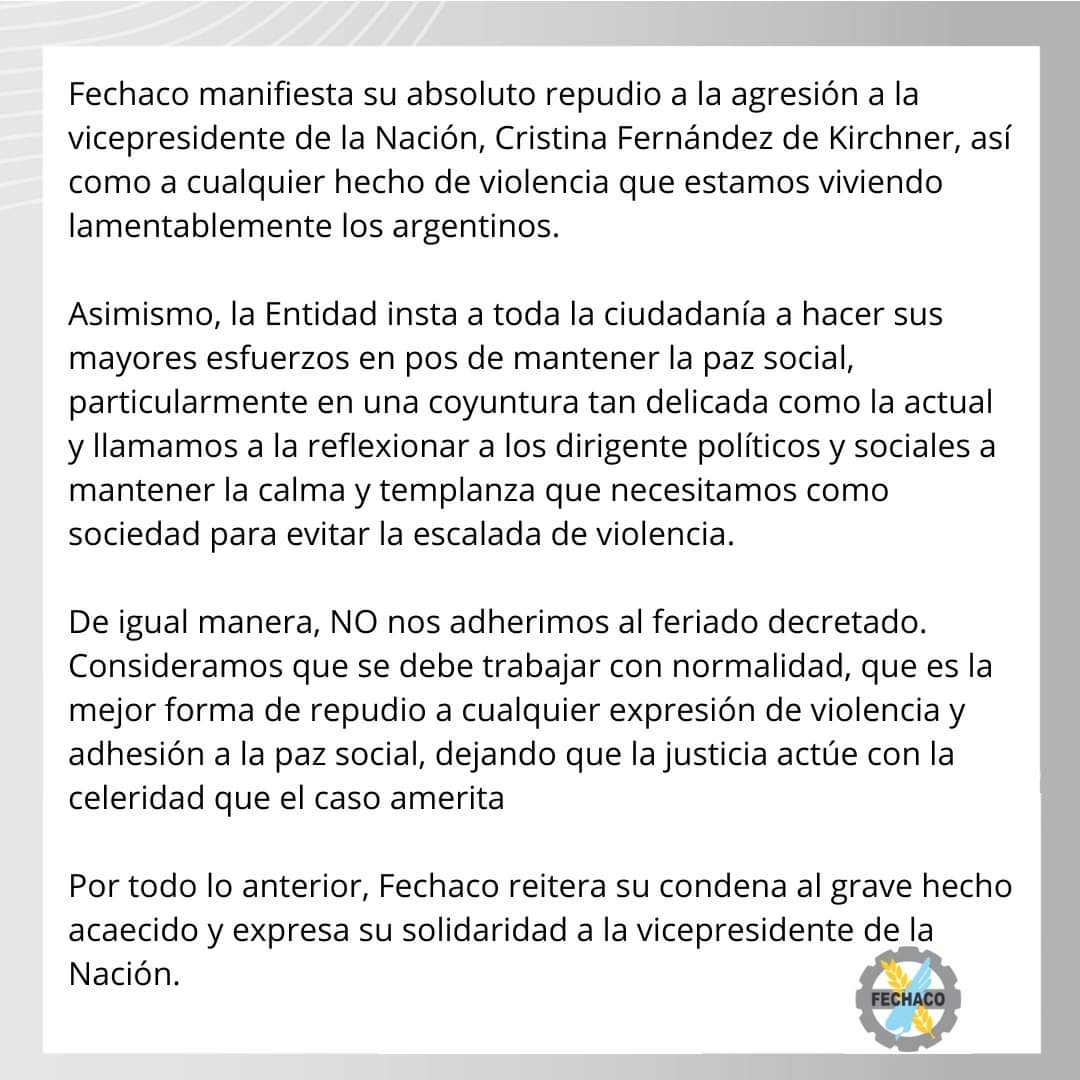 fechacochaco's tweet photo. #ComunicadoDePrensa | Desde la Federación Económica del Chaco (FECHACO) informamos nuestra posición respecto a la agresión a la vicepresidente de la Nación, @CFKArgentina. https://t.co/gSmfQy1kUz