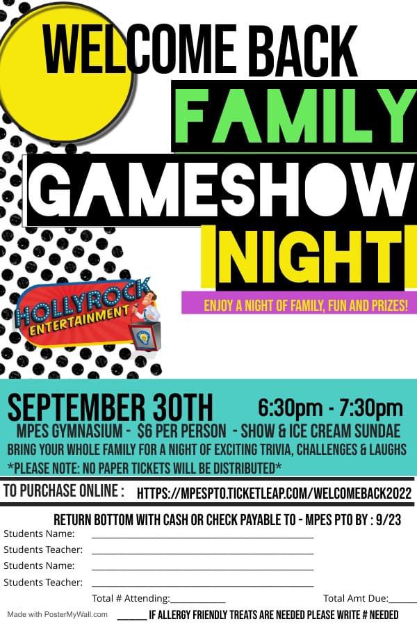 It's Welcome Back Time!!!  Join MPES and Hollyrock Entertainment for our Welcome Back Family Gameshow Night!  After the show enjoy an ice cream sundae with our awesome MPES Teachers!
Register now at mpespto.ticketleap.com/welcomeback2022
#mpes #pandapower  <a href="/MPES_Principal/">mikekirk</a> @Carmelschools