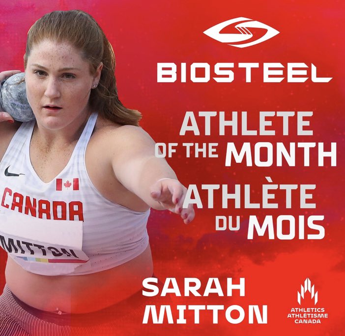 Your votes are in: <a href="/MittonSarah/">Sarah Mitton</a> is your <a href="/BioSteelSports/">BioSteel</a> Athlete of the Month of August!

✅ Commonwealth Champ
✅ NACAC Champ
✅ 20.15m throw (her second best-ever)

Sarah receives a prize pack from BioSteel - congratulations!