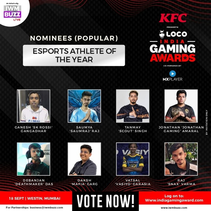 iwmbuzz's tweet photo. Announcing: Nominees @skrossigg @saumraj666 #tanmaysingh @jonathangamingg @deathmakercs #dakshgarg #vatsalgarasia #rajvarma
@KFC_India Presents @GetLocoNow India Gaming Awards
@MXPlayer
@pentaesports
#TrinityGamingIndia
@OneDigitalEnt
@radiocityindia https://t.co/CzNvJp8Xn8