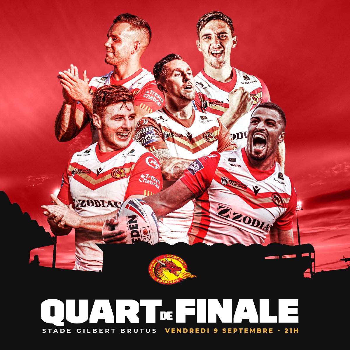 Tous à Gilbert Brutus le vendredi 9 septembre.
Venez soutenir et supporter les <a href="/DragonsOfficiel/">Dragons Catalans</a> pour le quart de finale à la maison. 
#13cat 🏉⚪🟡🔴⚪
