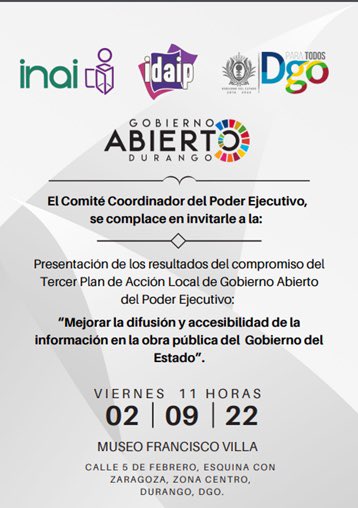 AlmaLopezdelaT's tweet photo. Hoy se presenta el compromiso #ObraPública del @gobdgo
Con estos #10Compromisos cerramos el Tercer Plan de Acción de @GobAbiertoDgo, con @DurangoCap , #GómezPalacio, @GTepehuanes y el Ejecutivo del Estado @gobdgo @AispuroDurango @JorgeSalum @edergutierrez4 https://t.co/KyMsIv0FcS