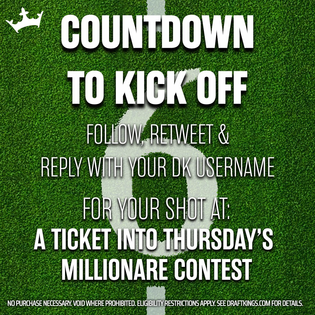 DraftKings's tweet photo. 🚨THERE ARE ONLY SIX DAYS UNTIL NFL KICKOFF🚨 

We're counting down to kickoff with 6 days of giveaways, today we're giving away 10 tickets into Thursday's Millionaire.

To enter, simply: 
1. Follow 
2. Retweet
3. Reply with your DK username

T&amp;Cs apply: https://t.co/2d8YFBnfhc https://t.co/vhq068t7HH
