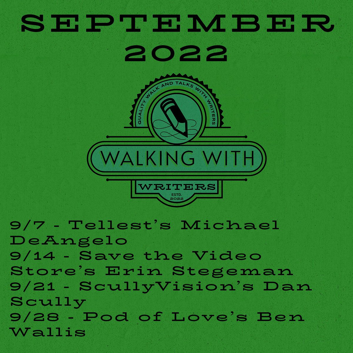 WalkWithWriters's tweet photo. Coming this month!
9/7: @tellest 
9/14: @erinstegeman 
9/21: @DanScully 
9/28: @benjaminwallis https://t.co/s3cJtPm4KY