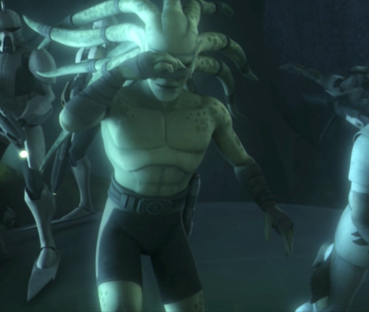 maiaspen1's tweet photo. I 💚 how writer James Luceno writes Kit Fisto in ‘STAR WARS Labyrinth of Evil’. Ok. So Kit usually wields a green lightsaber… but maybe he has a two?🤷♀️ TCW photo because my Nautolan Master’s physique should be appreciated #kitfisto #heworksout 💪 https://t.co/T2MsI56FY0