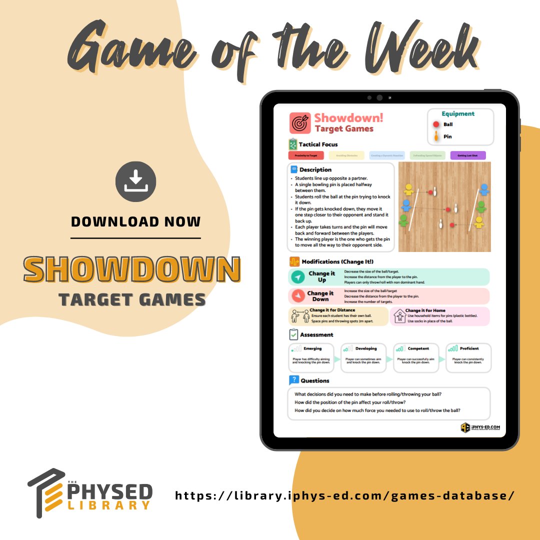 iPhys_Ed's tweet photo. Game Sheets for Showdown | Target Games
Learning Focus: Proximity to Target, Getting Last Shot
Register now and download your game sheets at:โ
https://t.co/GtyPs2sFHhโ
#teach #physicaleducation #coach #teacher #school #sport #games #peresources https://t.co/1Aen7IAwRM