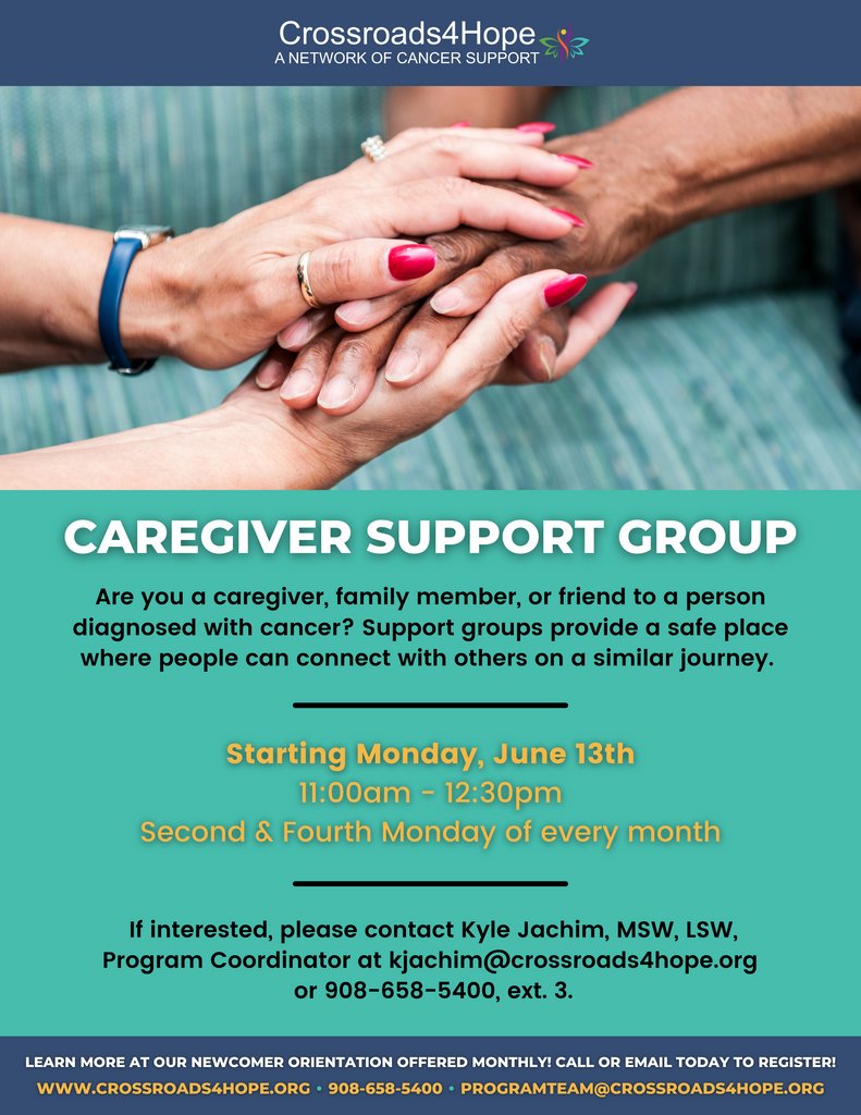 Crossroads4Hope (@cr4hope) on Twitter photo Our Caregiver Support Group provides a safe place where people can connect with others on the same journey. Please contact Kyle Jachim at kjachim@crossroads4hope.org or 908-654-5400, ext. 3 for more details. Our Caregiver Support Group provides a safe place where people can connect with others on the same journey. Please contact Kyle Jachim at kjachim@crossroads4hope.org or 908-654-5400, ext. 3 for more details.