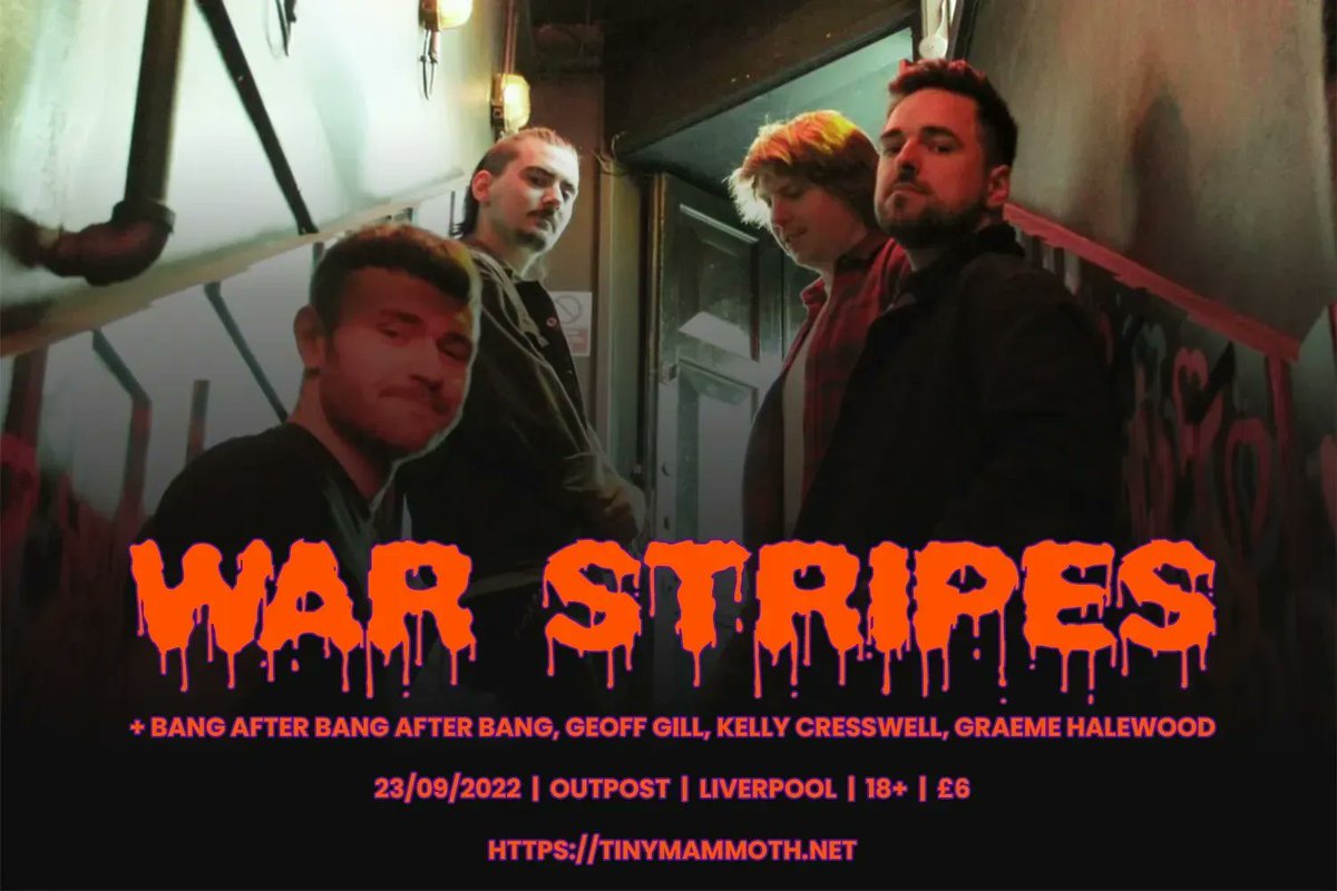 🔥 War Stripes at Outpost on Fri 23rd September 2022 in #Liverpool
🎫 Get your tickets for £6 (no hidden booking fees!) - tinymammoth.net/event/war-stri…
🎸 @warstripesband <a href="/KellyCresswell7/">Kelly Cresswell Music</a>