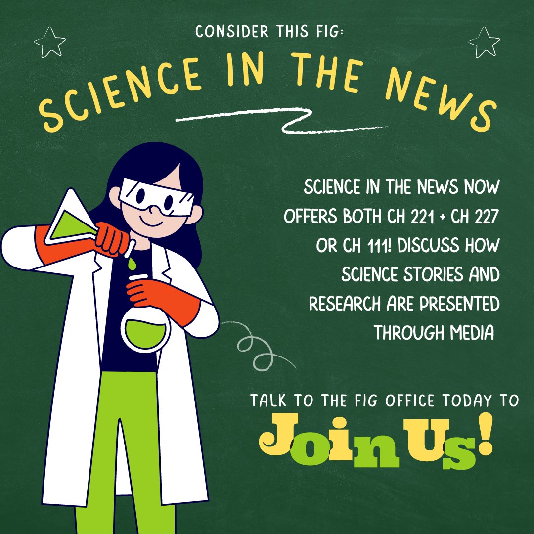 uofigs's tweet photo. Still want to join a chemistry FIG? Then look no further than our Science in the News FIG, now with CH 221 + CH 227 or CH 111! Swipe through to read about the FIG and it's amazing FA! https://t.co/fV7yX2Eo5c