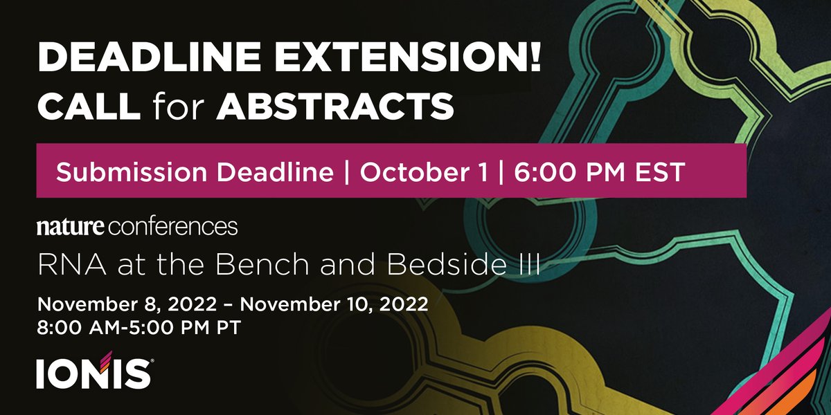 ionispharma's tweet photo. The deadline to submit abstracts has been extended to October 1st for #RNAbench2bedside - Submit today: https://t.co/T0m7xWCQNZ @NatureConf @UCSanDiego https://t.co/dTeTAJQP8O