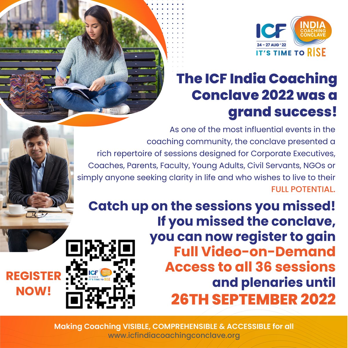 IcfMumbai's tweet photo. If you've missed some of the 34 ICF sessions and plenaries, here is your chance to revisit them till 26th of September.

Scan the QR code now to gain full access to the 34 video-on-demand sessions.

#coaching #icfindiacoachingconclave2022 https://t.co/qdrfCsLaSQ