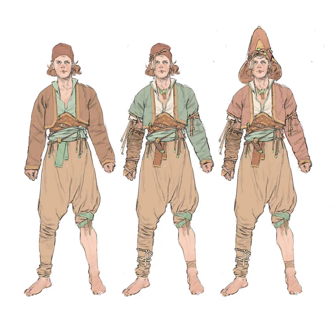parrunian villager garment designs - scholars, shepherds, sailors, luthiers, masons - but all musicians. #characterdesign 
