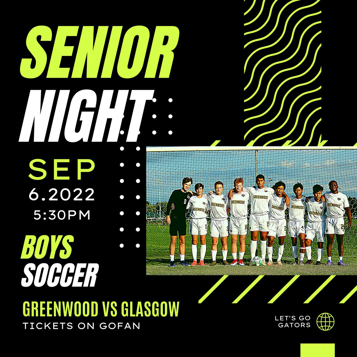 GHSGatorSports's tweet photo. BOYS SOCCER Senior Night next Tuesday, September 6.  Free Admission for all Greenwood students all all Senior Night events this year! #Classof2023 

Gator Soccer 🆚 Glasgow
📆 Tuesday 09.06
📍 GHS
⌚️ JV/V 5:30pm 
🎟️ https://t.co/hASHg3n9Lg https://t.co/FcLSH74gis