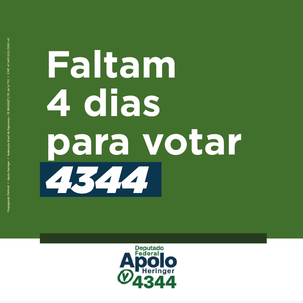 HeringerApolo's tweet photo. Faltam 4 dias para votar Deputado Federal Apolo Heringer 4 3 4 4.

#apoloheringer #minasgerais #apoloheringer4344

Partido Verde • Propaganda Eleitoral • CNPJ 47.449.023/0001-41 https://t.co/S3MZ6ZzOJZ