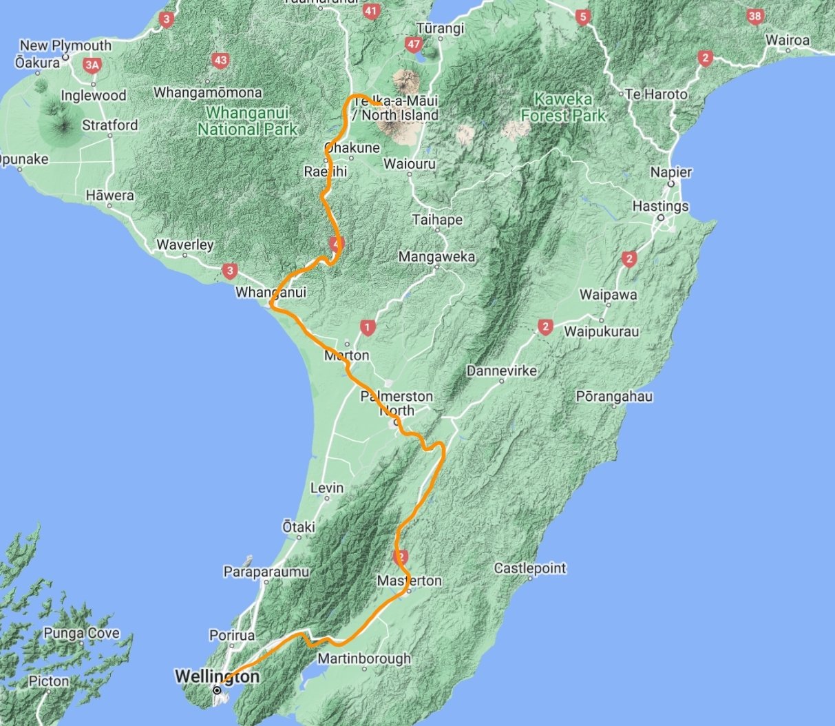 MAP FROM TONGARIRO TO WELLINGTON