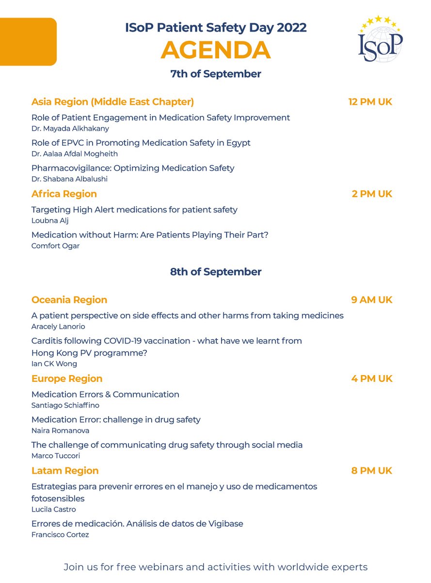 ISoPonline's tweet photo. 📣ISoP #PatientSafetyDay2022 is around the corner!📣

We are beyond excited to share with you the general agenda. Share with us your favorite topic of the event in the comments 👇👇👇

Register here: https://t.co/8Jdc8vd9XO https://t.co/TUoLcUstLL