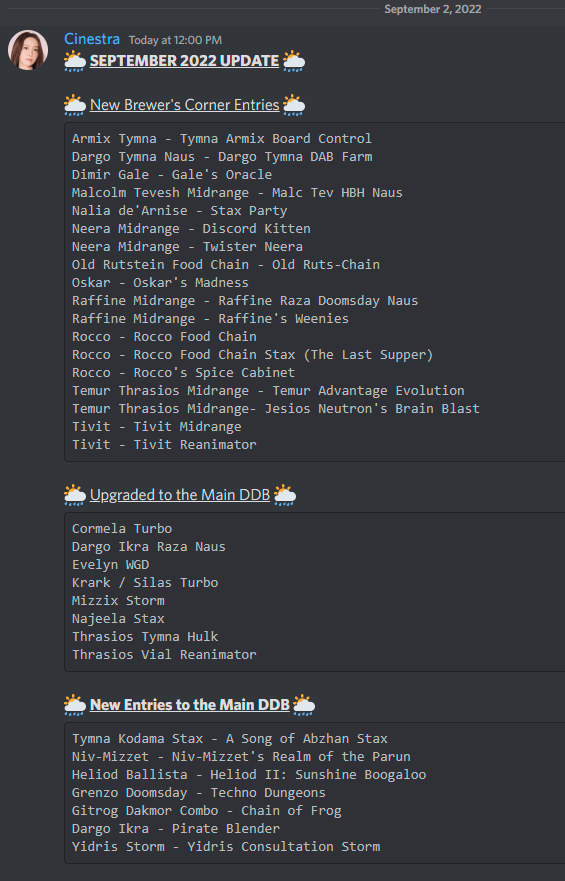 cEDH_DDB's tweet photo. 🌦️ SEPTEMBER 2022 DDB UPDATE 🌦️
https://t.co/Mr1uf3ayW2

[Note: We will not be responding to anything about the DDB on twitter. We'd encourage joining the discord for discussion or to ask for feedback on submissions. Link to discord: https://t.co/tyAs3KBVLF] https://t.co/rdeZ81F0Yx