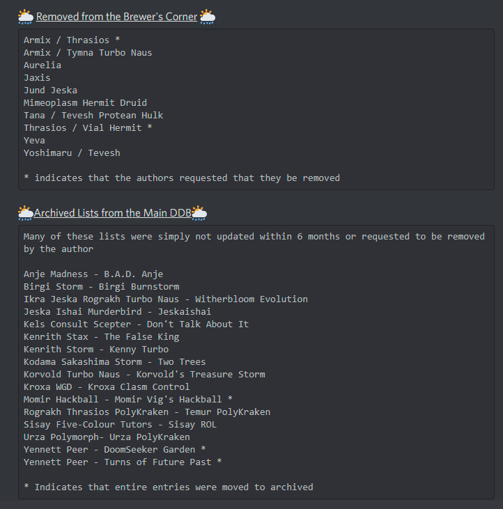 cEDH_DDB's tweet photo. 🌦️ SEPTEMBER 2022 DDB UPDATE 🌦️
https://t.co/Mr1uf3ayW2

[Note: We will not be responding to anything about the DDB on twitter. We'd encourage joining the discord for discussion or to ask for feedback on submissions. Link to discord: https://t.co/tyAs3KBVLF] https://t.co/rdeZ81F0Yx