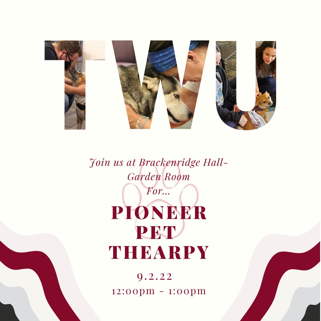 TWUPetTherapy's tweet photo. It's #pettherapy FriYay!! Join us at 12:00 PM - 1:00PM in Brackenridge Hall- Garden Room for some #TWUPetTherapy🐾🐾 SEE YOU THERE!! 

@HealthyTWU @TWUMaroonMoney @twucaps @WellbeingTWU @twucare @TWU_FitandRec #TXWomans #PioneerPetTherapy #TWUPetTherapy #PioneerStrong https://t.co/cdEwgFGmlZ