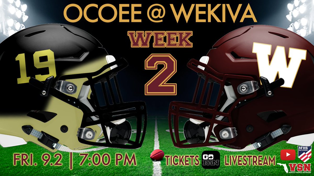 TONIGHT: @OcoeeAthletics visits @WekivaFootball for Week 2 🕖 7:00 pm kickoff 🎟️ $7 + $1 fee via @GoFanHS or $9 cash 🅿️ $5 (cash only) 📺 youtube.com/WekivaSports or @NFHSNetwork or @VSNOrlando @osvarsity @ApopkaJohn @FlaHSFootball