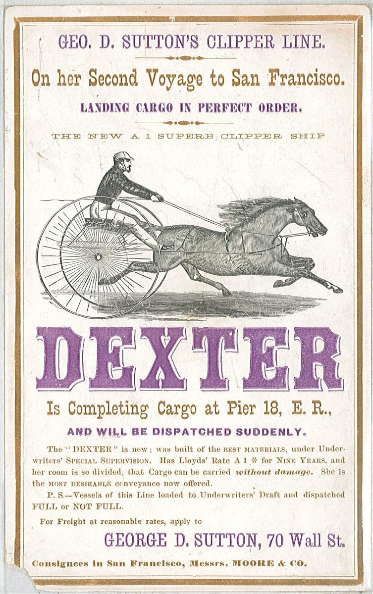 SeaportMuseum's tweet photo. This #ClipperCard advertises the sailing of the ship Dexter from NYC to San Francisco in 1869. The clipper ship Dexter was named for the famous harness #racing horse, or "trotter," Dexter, who won 92% of his races. #ArchivesSports #ArchivesHashtagParty
🏇: 1991.70.375 https://t.co/88nxBgtEaR