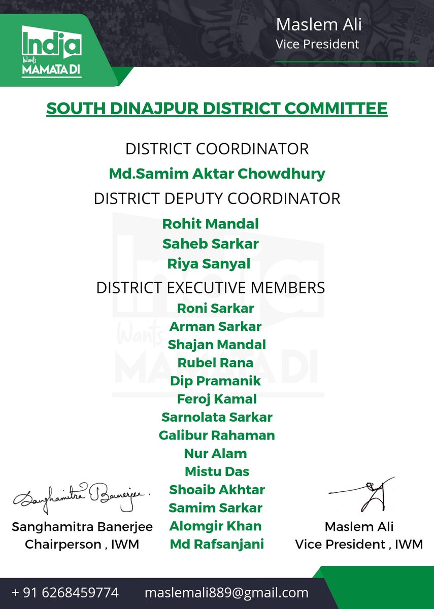 Maslem_AITC's tweet photo. The @IndiaWantsMB community is pleased to announce the South Dinajpur District IWM Committee with @MdSamimAktaAITC as District Coordinator

We hope the new appointees will discharge their duties conscientiously.
#IndiaWantsMamataDi https://t.co/9ThYfj903U