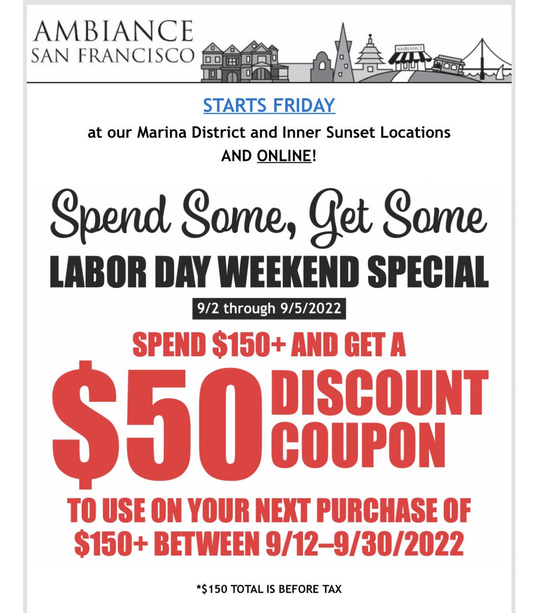 ambianceSF's tweet photo. Labor Day weekend special, spend some get some! 😃 Starts today &amp; runs through Mon, 9/5. Spend $150 + and get a coupon to save $50 off your next purchase of $150 between 9/12 -9/30, when new fall goodies drop!! 

#labordayspecial #shopsf #shoplocalsf #shopsmall #spendsomegetsome https://t.co/zlU2XVd2we