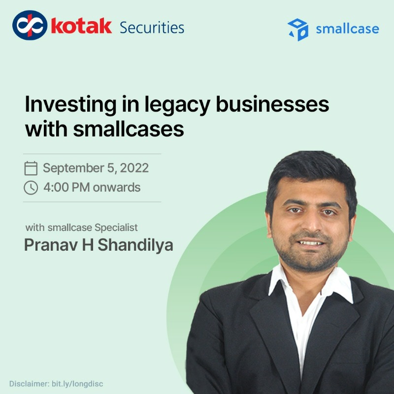 kotakneo's tweet photo. Always wanted to invest in legacy businesses? In our upcoming #webinar, @smallcasehq specialist Pranav Shandilya will throw light on how one can go about it with ease.

Set your reminders for 5th September, 4 pm

#KotakSecurities #Investment #StockMarket #Stocks #Investment