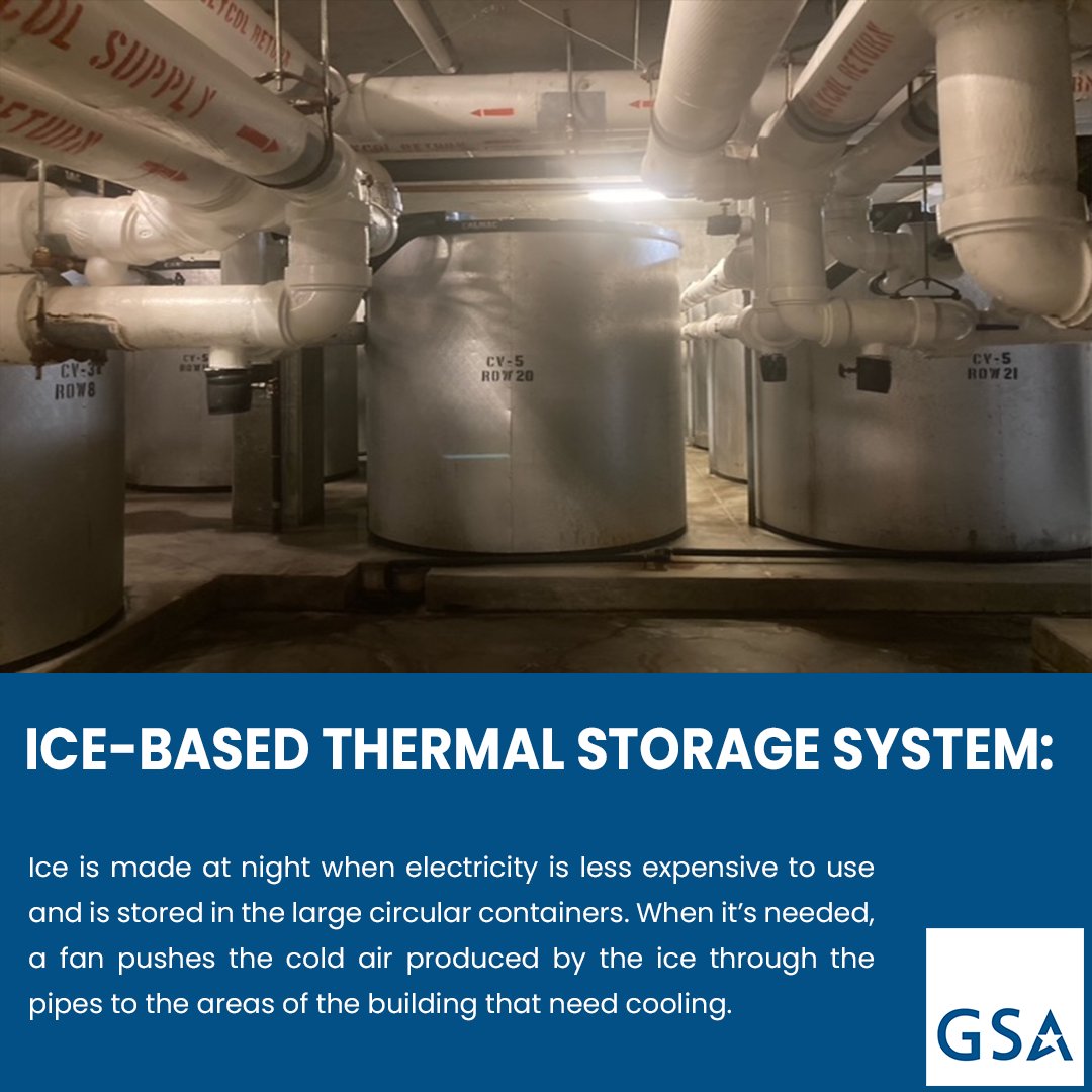 USGSA's tweet photo. GSA's John J. Moakley U.S. Courthouse in Boston uses an innovative ice-based thermal storage system that cools the building entirely using stored ice on some summer days. This is the latest in #GSAtech since installing a/c units in federal buildings in the 1950's!
#CleanEnergy https://t.co/D59iYoHoSE