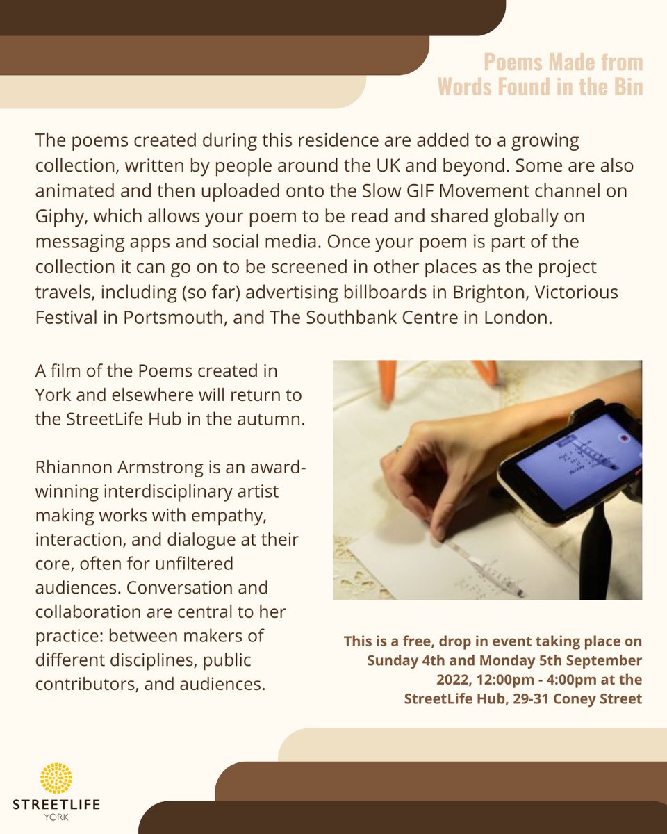 StreetLife York (@streetlifeyork) on Twitter photo Poems Made from Words Found in the Bin will be in residence at the StreetLife Hub this Sunday 4th & Monday 5th September, inviting members of the public to work with <a href="/armstrongtactic/">Rhiannon Armstrong</a> to write poetry around shreds of paper found in bins in the city and beyond! Poems Made from Words Found in the Bin will be in residence at the StreetLife Hub this Sunday 4th & Monday 5th September, inviting members of the public to work with <a href="/armstrongtactic/">Rhiannon Armstrong</a> to write poetry around shreds of paper found in bins in the city and beyond!