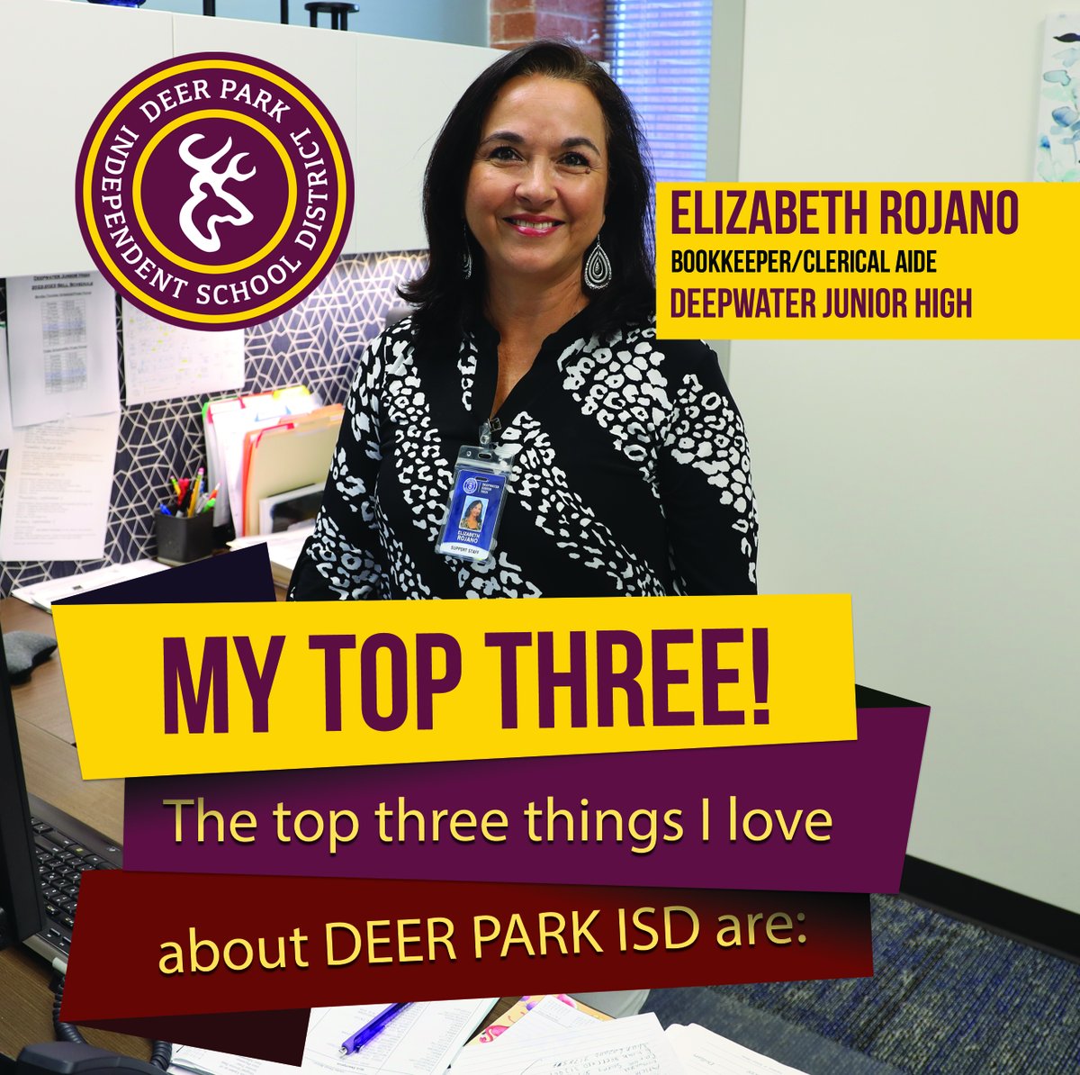 DPISD's tweet photo. Elizabeth Rojano’s Top Three

Deer Park is an amazing school district.  My three children graduated from Deer Park.
I love working with some amazing people, and we create a fun atmosphere.
Everyone is always so helpful and kind. https://t.co/nQUfjzBqXW
