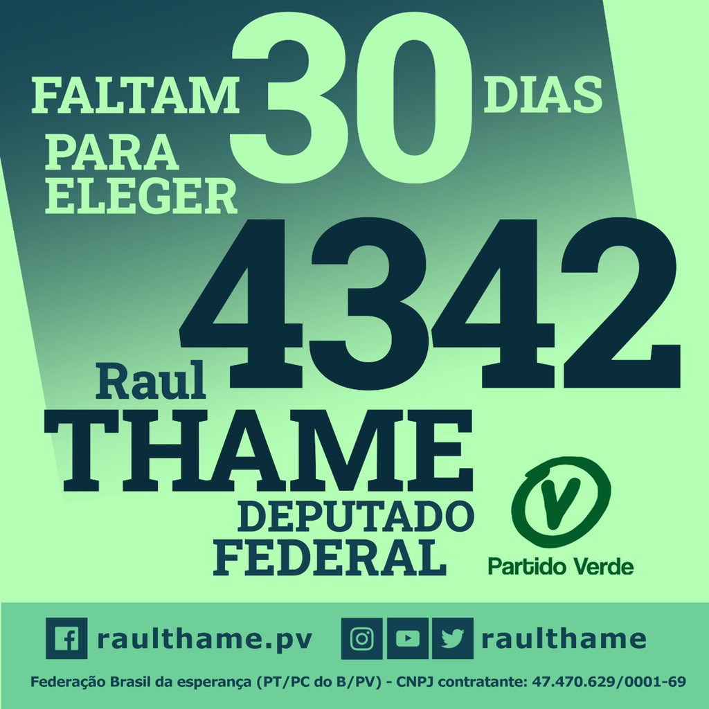 raulthame's tweet photo. Só faltam 30 dias para votar 4342 e depois aperta o verde para eleger Thame deputado federal.
#voteThame4342 https://t.co/cXZVa71KXi