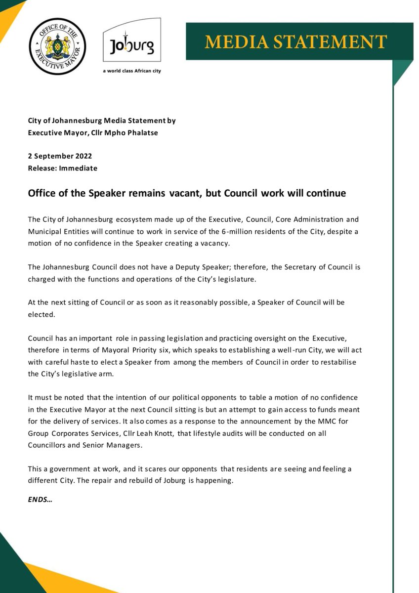 mphophalatse1's tweet photo. [STATEMENT] Office of the Speaker remains vacant, but Council work will continue https://t.co/wrsukDLfk4