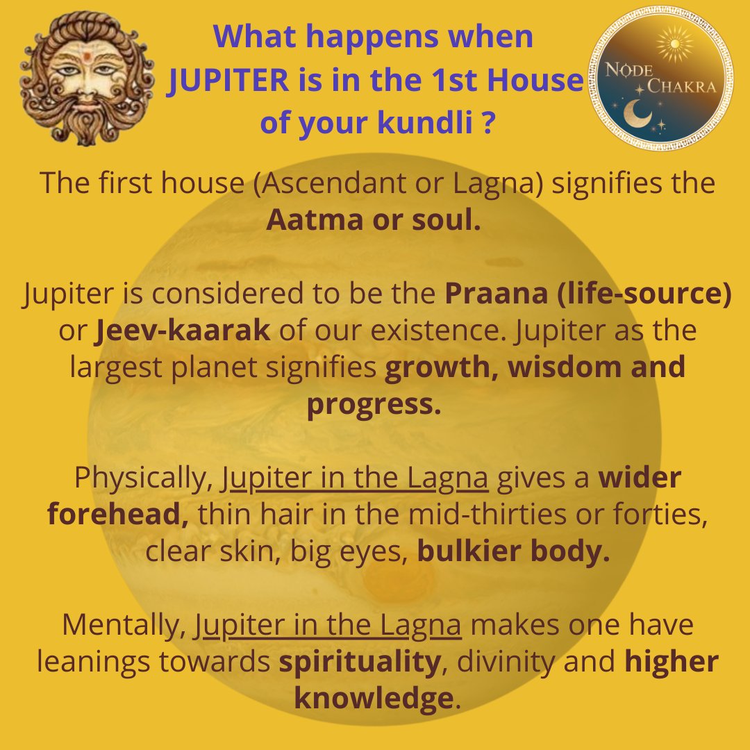 NodeChakra's tweet photo. What happens when the largest planet of our solar system, Jupiter is placed in the 1st House of your kundli / natal chart ???
.
.
For an in-depth analysis of your horoscope, Book your sessions through Whatsapp at : (+91) 9171819-123.
.
.
#astrology #vedic #nodechakra #Jupiter https://t.co/WqdasYNyXu